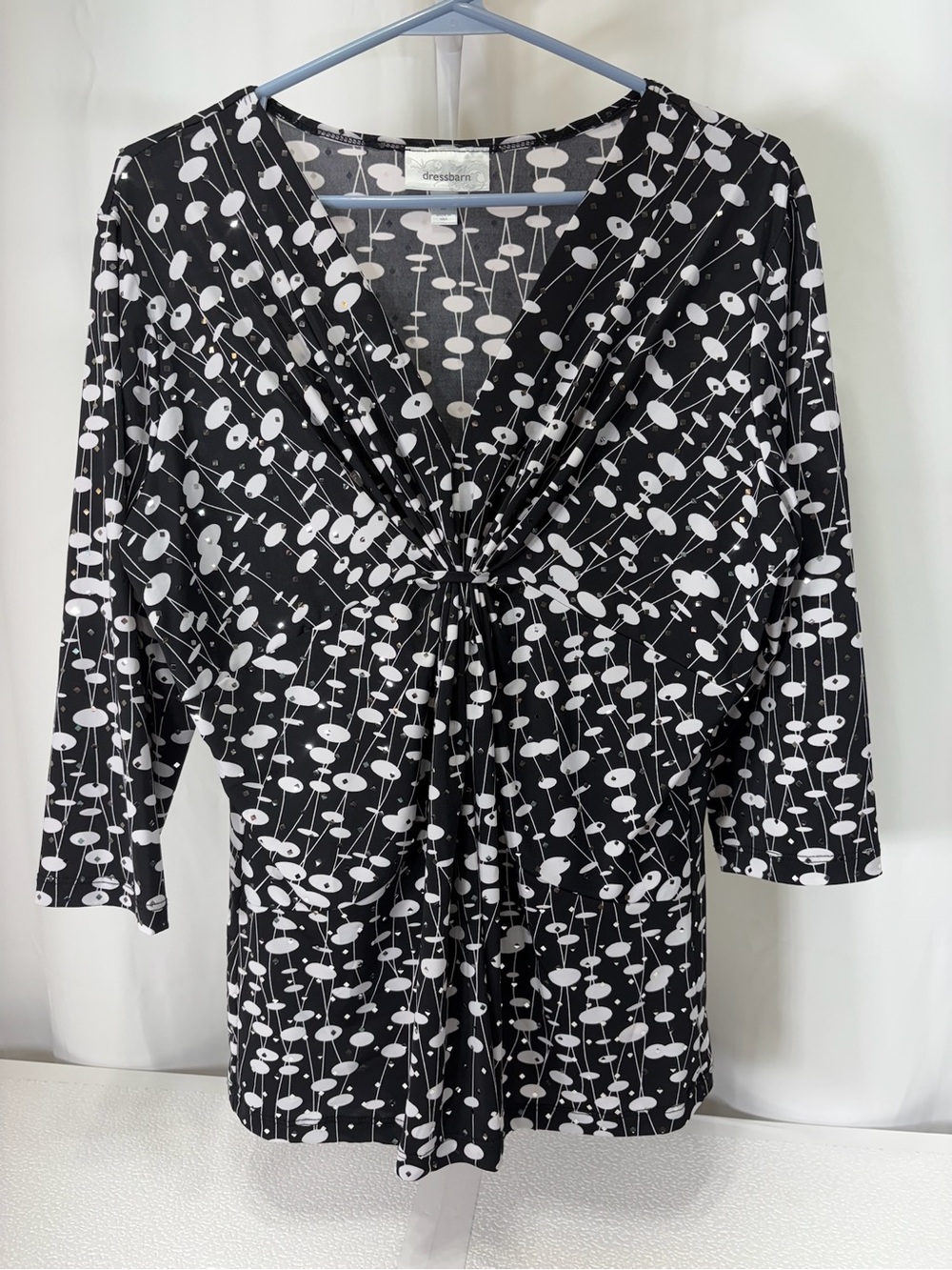 dressbarn Black & White Knot-Front V-Neck 3/4 Sleeve Blouse 4291